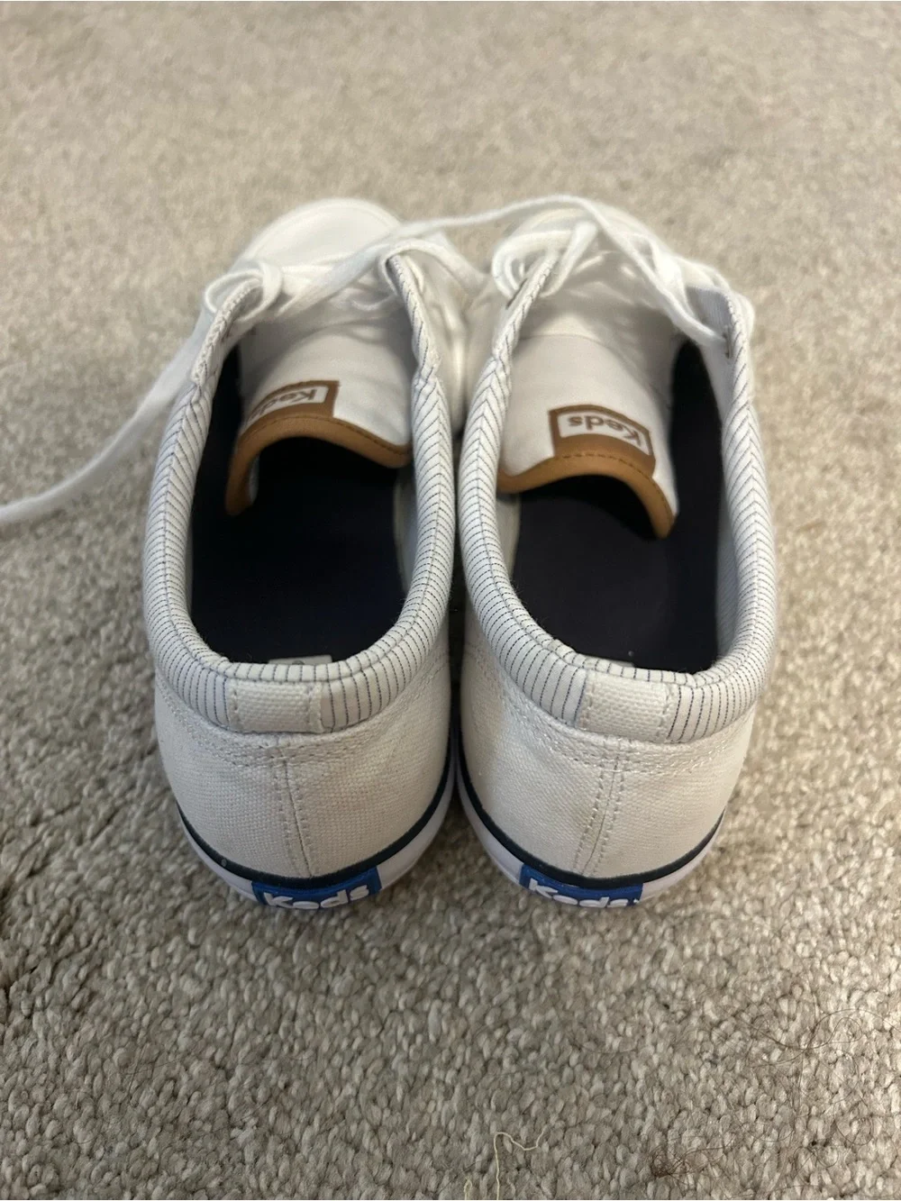 Keds White Canvas Center III Sneakers with Navy Trim and Tan Logo